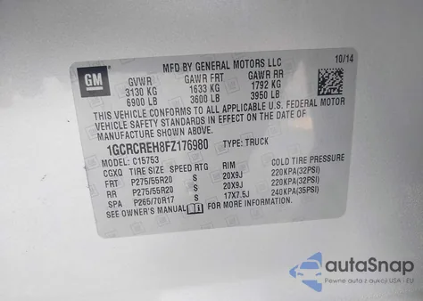 2015 Chevrolet Silverado 1500 1Lt from USA, damaged, VIN 1GCRCREH8FZ176980